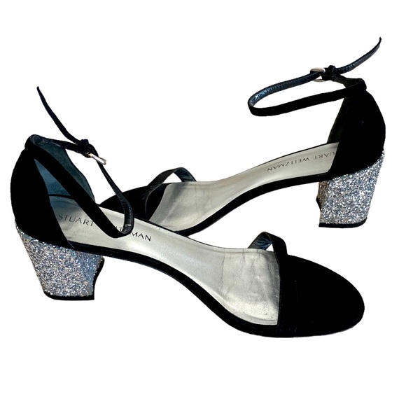 Stuart Weitzman Black Suede Ankle Strap Sandal Silver Glitter Block Heel Sz. 10 - Picture 1 of 9